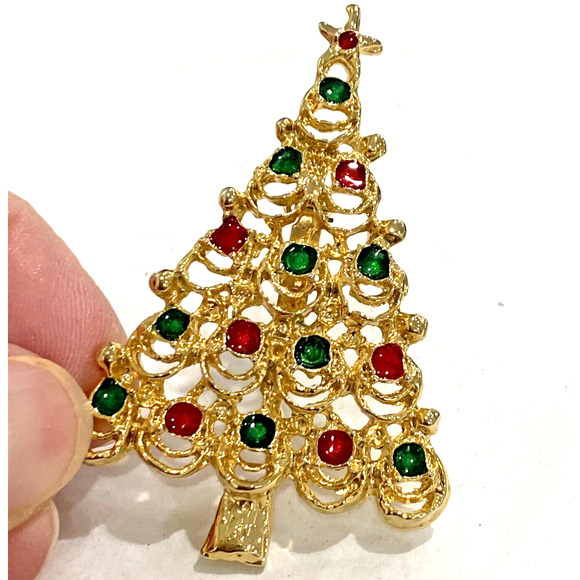 Vintage Christmas Tree brooch goldtone metal pin red green gold enamel festive - Picture 7 of 8
